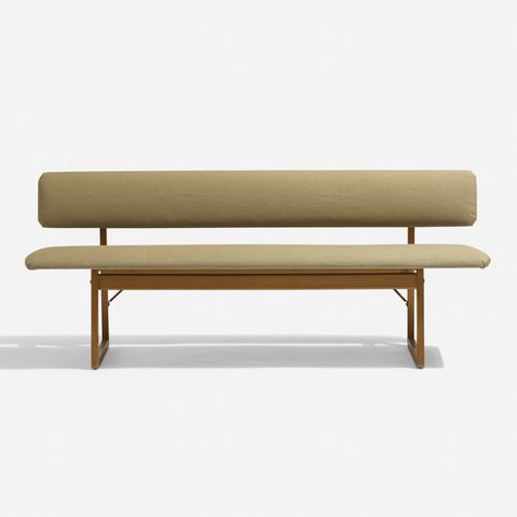 Artwork by Børge Mogensen, bench, Made of oak, canvas, enameled steel, brass Kaare Klint Safari Chair, Plum Wall, Arne Jacobsen Egg Chair, Safari Chair, Flat Weave Carpet, Borge Mogensen, Leather Bench, Wall Mounted Cabinet, House Furniture Design