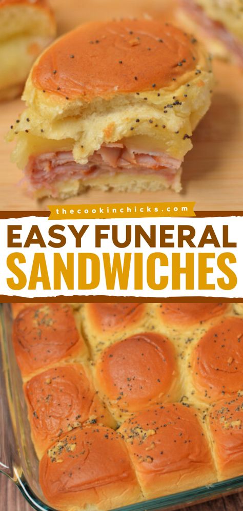 Whip up these Easy Funeral Sandwiches! They're a must-have football food idea. Comforting and delicious, these baked ham and cheese sliders are sure to be a crowd-pleaser at your tailgating party. Save this Hawaiian roll slider recipe for the perfect game day appetizer! Tailgate Ham And Cheese Sliders, Sliders For Tailgating, Party Rolls Ham And Cheese, Hawaiian Rolls Recipe Sandwiches, Funeral Ham Sandwiches, Breakfast Funeral Sandwiches, Turkey Funeral Sandwiches, Quick And Easy Sliders, Party Ham Rolls