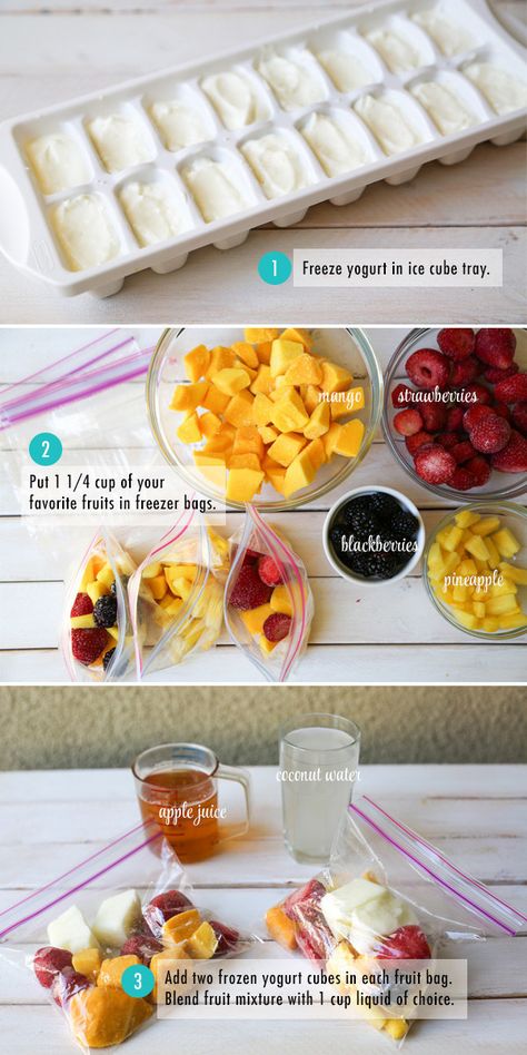 Make smoothie packs using frozen yogurt cubes and fresh fruit, so you have a delicious breakfast every morning for the full work or school week. Diy Smoothies, Freezer Smoothie Packs, Freezer Smoothies, Resep Juice, Resep Smoothie, Preworkout Snack, Smoothie Packs, Resep Diet, Smoothie Prep