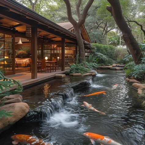 Koi Fish Pond Backyard Modern, Japanese Beach House, Japanese Courtyard Garden, Kolam Koi, Japanese Garden Landscape, Zen House, Board Members, Casa Country, Rest House