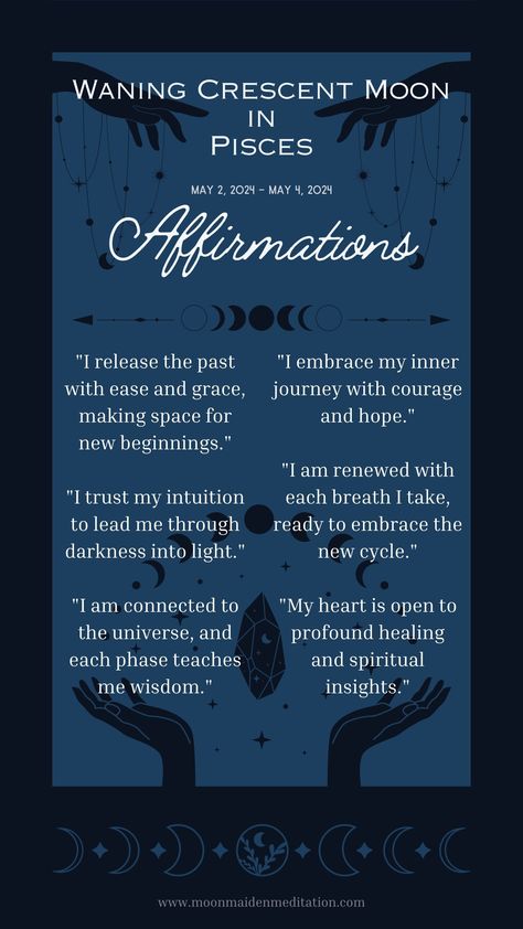 Explore the spiritual and emotional depths of the Waning Crescent Moon in Pisces. Learn how this introspective phase can help you let go of past burdens and connect with your inner peace. Ideal for those seeking tranquility and a deeper understanding of their emotional landscape through astrological insights.   📚 Discover our "Lunar Manifestation Journal Series" today! Let Go Of Past, Waning Crescent Moon, Moon In Pisces, Moon In Aries, Emotional Landscape, Waning Crescent, Moon Cycles, Manifestation Journal, Ancient Wisdom