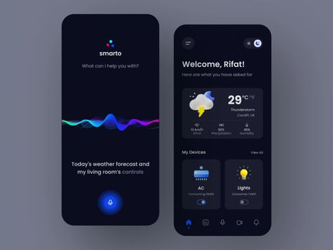 Smart Home App - Dark Mode | Smart Assistant | Voice Assistant by Rifat Sarkar for eberawi on Dribbble Fitness Tracking App, Ui Ux Design Trends, Social App Design, Weather Wallpaper, Ux Design Trends, Voice App, Ios Ui, Directory Design, App Interface Design