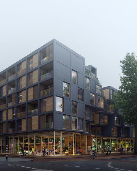 Module Architecture, Green Building Architecture, Condominium Architecture, Amsterdam Photos, Collective Housing, Modular Housing, Mix Use Building, Wooden Buildings, Apartment Architecture