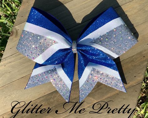 Bling Cheer Bows, Winter Hair Colour For Blondes, Cheer Practice Outfits, Cute Cheer Bows, Black Rubber Band, Competition Bows, Team Cheer, Glitter Cheer Bow, Blue Cheer