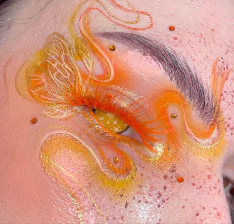 Cute Orange Makeup, Calcifer Makeup, Orange Mermaid Makeup, Swirly Makeup, Orange Make Up Looks Creative, Orange Themed Makeup, Blue And Orange Makeup, Orange And Blue Makeup, Fire Inspired Makeup