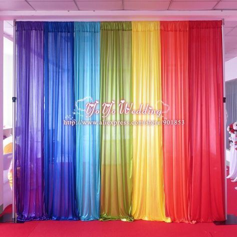 Drapes Backdrop, Silk Backdrop, Rainbow Curtains, Kitchen Design Showrooms, Holi Party, Basketball Birthday Parties, Party Backdrops, Backdrop Birthday, Fiesta Theme