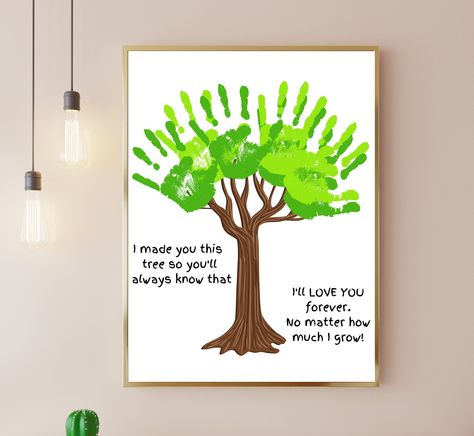 The sweetest gift to make your loved one feel loved! Made with YOUR little one's cute little handprints. It's simple to make: 1) Print the template (as many times as you need) 2) Use washable paint and color the hands of the child 2) Stamp fingerprints on top of tree branches to resemble leaves Done! It only takes you 10 minutes to make, but your loved one will cherish it for many years to come. WHAT YOU WILL GET? You will receive 1 design in 3 sizes: - US LETTER size (8.5x11 inch) - 8x10 inch - Fingerprint Art Kids, Handprint Tree, Baby Handprint Crafts, Family Hand Prints, Hand Print Tree, Daycare Classroom, Handprint Gifts, Fingerprint Art, Fingerprint Tree