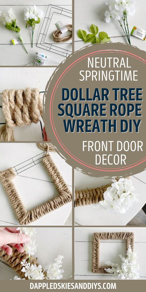 Front Door Boho Decor, Frame Wreaths For Front Door, Diy Square Wreaths For Front Door, Braided Rope Wreath Diy, Square Wire Frame Wreath Ideas, Jute Wreath Diy, Dollar Tree Square Wreath Form Ideas, Macrame Wreaths Diy, Fall Wreath Diy Dollar Tree