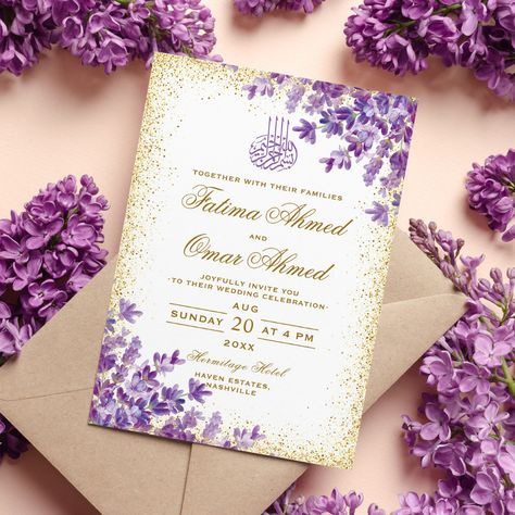 Arabic Border, Eid Mubarak Aesthetic, Spanish Wedding Invitations, Purple And Gold Wedding, Muslim Wedding Invitations, Digital Invitations Wedding, Mehndi Ceremony, Floral Cards Design, Spanish Wedding