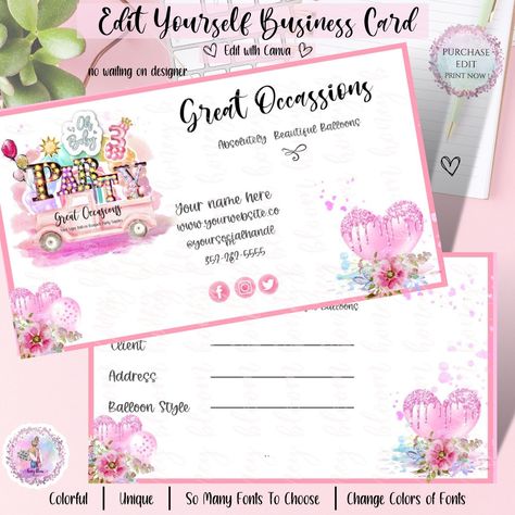 Party Planner Business Cards, Party Planner Business, Event Planner Business, Event Planner Business Card, Balloon Artist, Business Printables, Bloom Design, Planner Business, Edit Template