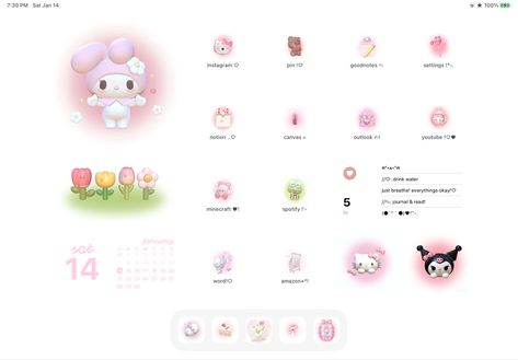 Pink Theme Ipad Wallpaper, My Melody Ipad Homescreen, Ipad Aesthetic Layout Pink, Kawaii Ipad Wallpaper Pink, Pink Sanrio Wallpaper Ipad, Kuromi And My Melody Wallpaper Ipad, Pink Ipad Lockscreen Aesthetic, Sanrio Homescreen Ipad, My Melody Aesthetic Wallpaper Ipad