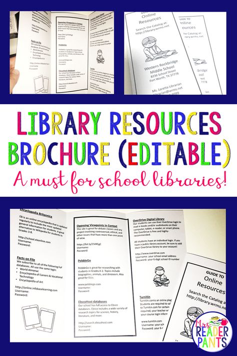 Promote your library's database usage with this easy-to-use library brochure template. It's totally editable, and 100% free. Library Brochure, Librarian Ideas, Library Orientation, Library Classroom, Library Centers, Library Management, Reading Incentives, Library Center, School Libraries