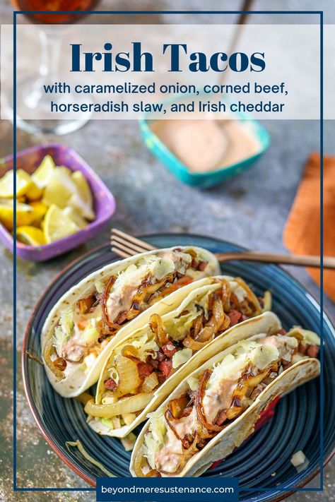 Irish Tacos, Corned Beef Tacos, Beef And Horseradish, Superbowl Snack, Cabbage Tacos, Super Bowl Snack Recipes, Spicy Slaw, Horseradish Recipes, Irish Cheddar