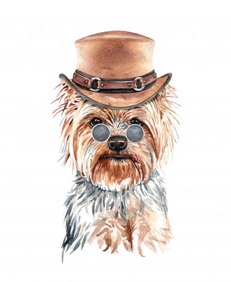 Dog With Hat, Glasses Sticker, Dog Watercolor, Yorkie Poo, Yorkie Dogs, Yorkie Puppy, Dogs Pooping, Watercolor Dog, Arte Animal