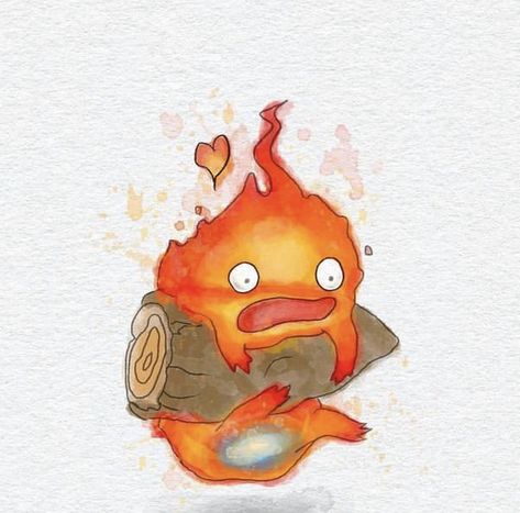 Calcifer Dessin, Calcifer Painting, Howls Moving Castle Watercolor, Calcifer Drawing, Calcifer Art, Howls Moving Castle Calcifer, Studio Ghibli Party, Howl's Moving Castle Calcifer, 하울의 움직이는 성