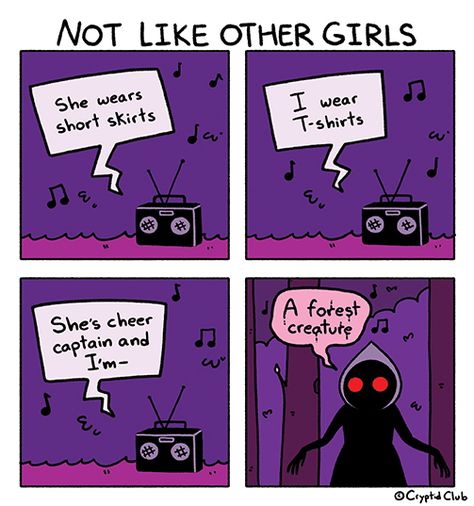 Virginia Memes, Flatwoods Monster, Cheer Captain, Monster Cartoon, Funny Comic Strips, Girl Artist, Forest Creatures, Cute Comics, Tumblr Posts