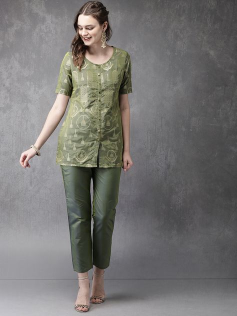 Buy Anouk Women Olive Green Embroidered Kurti With Pyjamas - Kurta Sets for Women Kurti Pants, Salwar Suit Design, Kurta Sets For Women, Salwar Suits Party Wear, Salwar Suit Designs, Suit Salwar, Embroidered Kurti, Online Shop Design, Kurtis With Pants