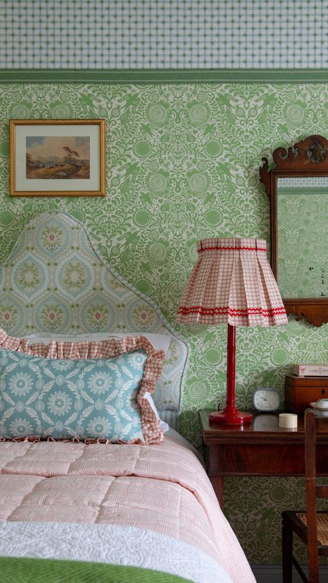 Inside The Enchanted World of Designer Charlotte Gaisford - The Glam Pad Charlotte Gaisford, Northumberland England, Aqua Wallpaper, Picture Rail, English Country Style, Green Bedroom, Cottage Bedroom, Blue Curtains, Green Room