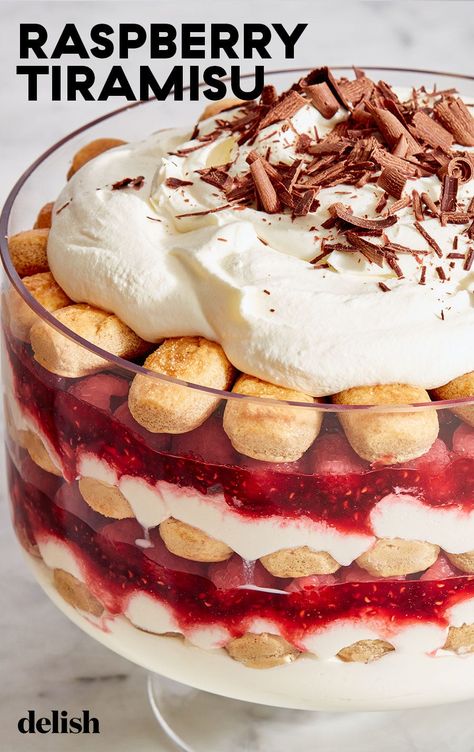 Raspberry Tiramisu Is A Sweet Twist On The Italian ClassicDelish Brownie Aesthetics, Raspberry Desserts Easy, Tiramisu Recipes, Raspberry Recipes Dessert, Raspberry Tiramisu, Trifle Bowl Recipes, Raspberry Trifle, Italian Desserts Easy, Classic Tiramisu