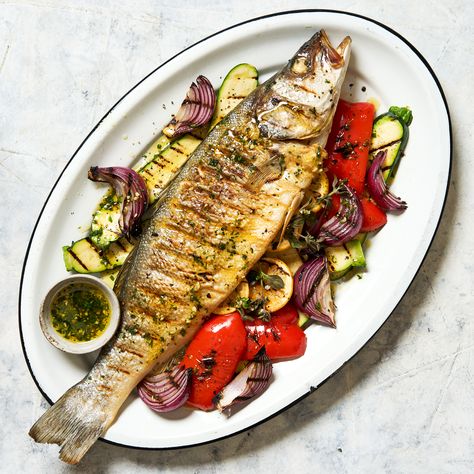 Whole Branzino, Branzino Recipe, Vegetable Prep, Grilled Potatoes, Beef Sausage, Grilled Zucchini, Cooking Seafood, Cooking With Olive Oil, Detail Page