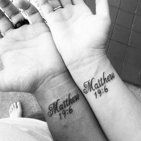 "So then, they are no longer two, but one flesh. Therefore what God has brought together, let no man separate."   I still love our tattoos so very much. ❤️ Bible Verse Tattoos For Couples Marriage, Couples Scripture Tattoos, Matthew 19:6 Tattoo, Matthew 19 6 Marriage Tattoo, Couple Bible Verse Tattoos, Tattoo Scripture, Matthew Tattoo, Couple Bible Verses, Bible Scripture Tattoos