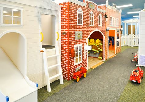 Role Play Village, Kids Role Play Ideas, Pretend City, Kids Garage, Kids Play Centre, Playground Party, Community Playground, Kids Role Play, Indoor Playground Design