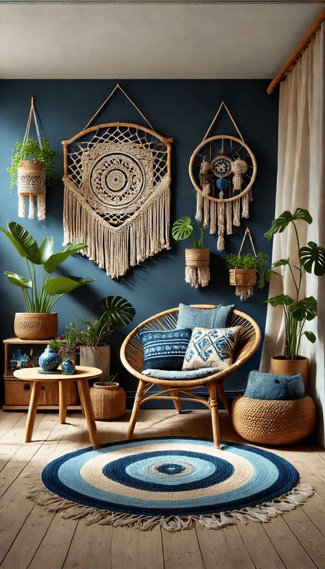 15 Blue Boho Living Rooms Boho Living Room Blue Walls, Dark Blue Boho Living Room, Blue Wood Living Room, Blue Boho Room, Blue And Tan Living Room, Boho Blue Bedroom, Blue Boho Living Room, Boho Meditation Space, Blue Boho Bedroom