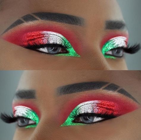 Flag Makeup Ideas, Mexican Makeup, White Eye Makeup, Rhinestone Makeup, White Eyeshadow, Makeup For Black Skin, Red Eyeshadow, Fall Makeup Looks, Green Makeup