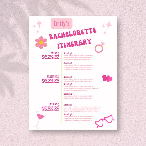 Editable bachelorette itinerary template. Once you purchase, you'll receive an email with the link to the schedule. You can edit the texts how you'd like, save and print. Enjoy! Bachelorette Schedule Template, Barbie Theme Bachelorette, Bachelorette Schedule, Bachelorette Weekend Itinerary, Pink Bachelorette, Bachelorette Itinerary, Weekend Itinerary, Barbie Theme, Itinerary Template