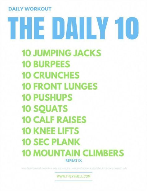 Looking for a quick beginner s daily workout fitness routine without equipment that you can do at home? The Daily Ten is a workout you can do anywhere! #fitnessforbeginnersatthegym Kid Workout Routine, Daily Workout Routine, Workout Hiit, Daily Workout Plan, Daily Exercise Routines, Popular Workouts, At Home Workout Plan, Fitness Design, Fitness Challenge