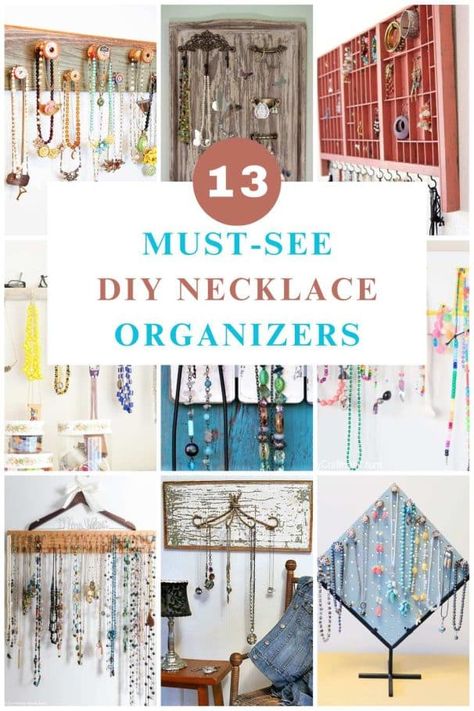 diy necklace organizers Necklace Organizer Diy, Diy Necklace Holder, Jewelry Organizer Diy Wall, Creative Necklace, Upcycled Projects, Organizer Diy, Diy Jewelry Display, Jewelry Organizer Wall, Display Jewelry