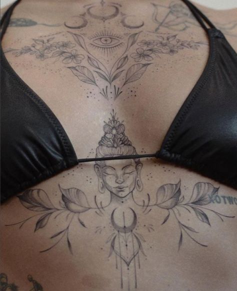 Pretty Spiritual Tattoos, Mystic Tattoo Ideas, Ethereal Tattoos Chest, Decorative Chest Tattoo, Femine Energy Art, Boho Chest Tattoo, Spiritual Chest Tattoo Female, Tattoo Ideas Whimsical, Upper Body Tattoos For Women