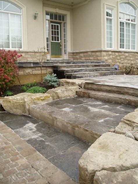 Walkways to Your Front Door « Rainbowlandscaping’s Weblog Front Porch Stone Steps, Boulder Landscaping, Front Walkways, Front Door Landscaping, Front Porch Stone, Hardscape Ideas, Stone Entryway, Front Door Door, Wood Walkway