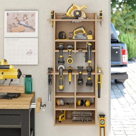 Systembuild Evolution Bradbury 48" Extra Large Vertical Wall Mount Tool Organizer, Raw Board - Bed Bath & Beyond - 39221747 Garage Storage And Man Cave, Small Garage Tool Organization, Power Tool Storage Diy, Screw Storage Ideas, Tool Wall Storage, Garage Wall Storage, Tool Wall, Power Tool Organizer, Workshop Shed