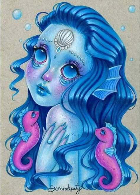 Serendipity The Artist, Portrait Au Crayon, Pastel Goth Art, Mermaid Artwork, Dolls Art, Hippie Painting, Dope Cartoon Art, Grunge Art, Mermaid Art