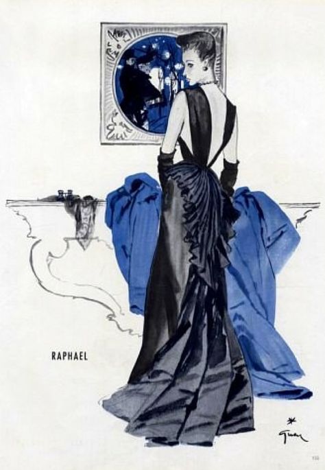 Fashion illustration by René Gruau, 1945, Evening gown by Raphael (Rafael Lopez Cebrian). Vintage Evening Gowns, Rene Gruau, Jacques Fath, Fashion Illustration Vintage, Elsa Schiaparelli, Art Et Illustration, Original Fashion, Pierre Balmain, Fashion Art Illustration