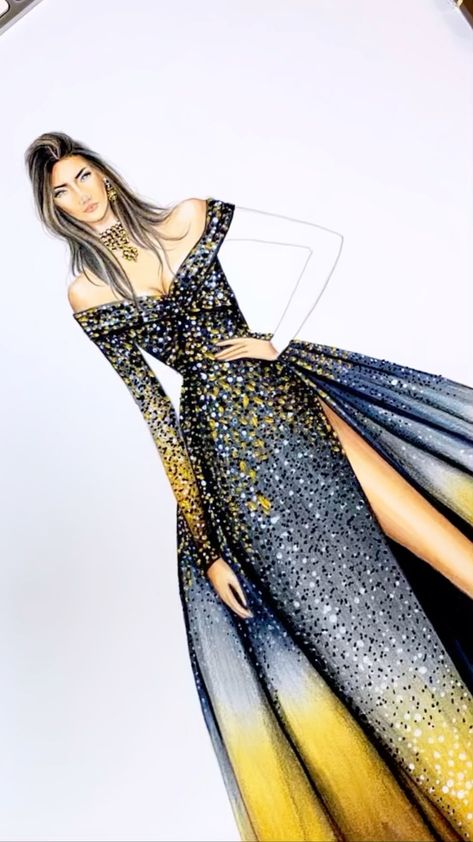 olivia_elery on Instagram: Pricilla will welcome the New Year in this gorgeous sequin @sadekmajed gold and silver gown 🎊🥂🎉 Happy New Year 🎈🎊 !!!! . . .… Glitter Outfit, Fashion Illustration Tutorial, Fashion Design Books, Fashion Illustrations Techniques, Dress Illustration, Fashion Illustration Sketches Dresses, Fashion Design Patterns, Fashion Design Collection, Fashion Sketches Dresses