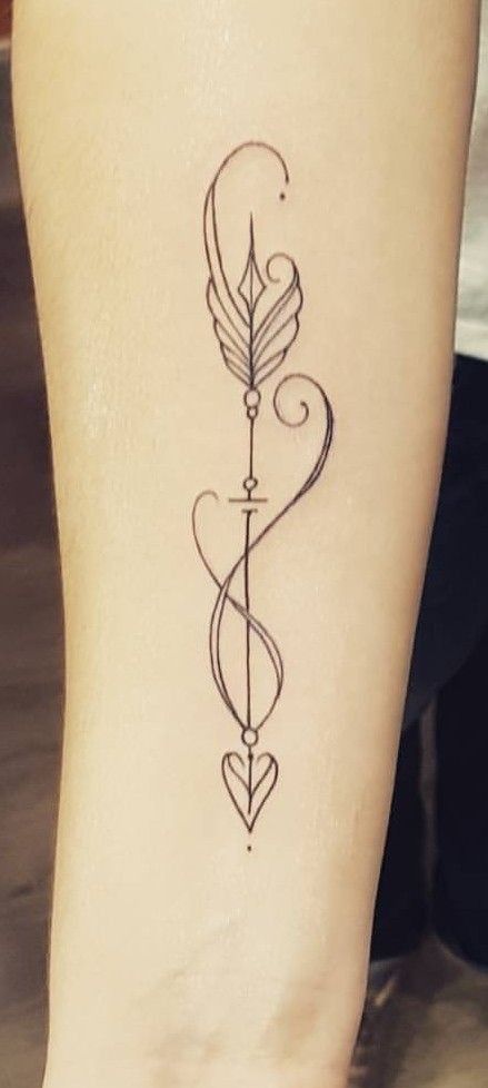 Arrow Music Tattoo, Boho Arrow Tattoos For Women Forearm, Small Inner Forearm Tattoos For Women, Tattoos For Inner Arm, Simple Arrow Tattoos For Women, Arrow Tattoos For Women Forearm, Unique Sagittarius Tattoo, Boho Arrow Tattoos For Women, Triquetra Tattoo Women