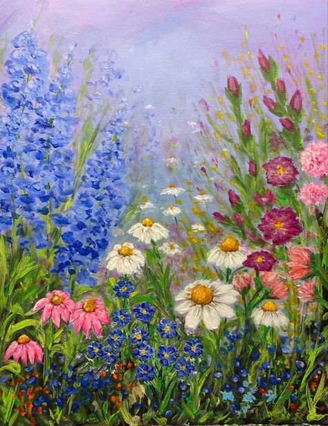 Spring Inspired Paintings, Spring Floral Painting, Pretty Flowers Painting, Simple Garden Painting, Spring Paintings Acrylic, Garden Painting Easy, Spring Canvas Painting, Spring Painting Ideas On Canvas, Spring Acrylic Paintings