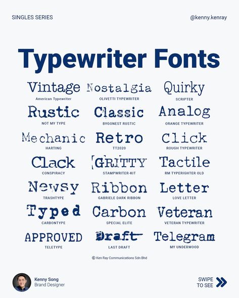 I started learning to type on my dad’s retro Royal Quiet De Luxe typewriter which is still in excellent condition (swipe to see). I miss that familiar clickity-clack of the keys when they hit the paper and that ‘ding’ at the end. Typewriter fonts are monospaced typefaces that mimic the style of old mechanical typewriters. These fonts often evoke a vintage, nostalgic feel, making them popular for designs that want to reflect retro or analogue aesthetics. Designers use them to create a sens... Vintage Typewriter Font, Typewriter Aesthetic Vintage Typewriters, Typewriter Aesthetic, Typewriter Typography, Typewriter Fonts, Olivetti Typewriter, Waste Fashion, Learn To Type, Royal Typewriter