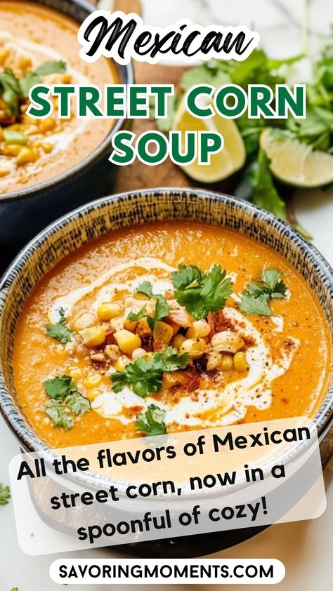 This Mexican Street Corn Soup is loaded with sweet corn, smoky spices, and a touch of lime for that signature street-food taste! Perfect for cozy nights or anytime you crave Mexican flavors.  Craving something new? Get the recipe here  #MexicanSoup #MexicanStreetCorn #SoupSeason #ComfortFood #EasyMexicanRecipes #CornChowder #FlavorfulMeals #StreetFoodInspo #FamilyDinner Street Corn Soup Mexican, Mexican Street Corn Soup Recipe, Mexican Soups And Stews, Slow Cooker Mexican Street Corn, Chili Recipe With Corn, Clean Soup, Mexican Street Corn Soup, Street Corn Soup, Mexican Soups