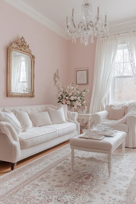 Two Tone Pink Room, Light And Airy Interior Design, Pink Fabric Aesthetic, Pink Vintage Living Room, Cream And Pink Living Room, Pink Elegant Aesthetic, Soft Pink Living Room, Pink Accent Living Room, Pastel Pink Living Room