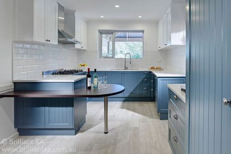 Urban Coastal Blue Kitchen | Portfolio | Brilliant SA Two Color Kitchen Cabinets, Coastal Inspired Kitchens, G Shaped Kitchen, Beach Style Kitchen, Chef Kitchen Decor, Timber Kitchen, Corner Cupboard, Blue Cabinets, Kitchen Storage Solutions