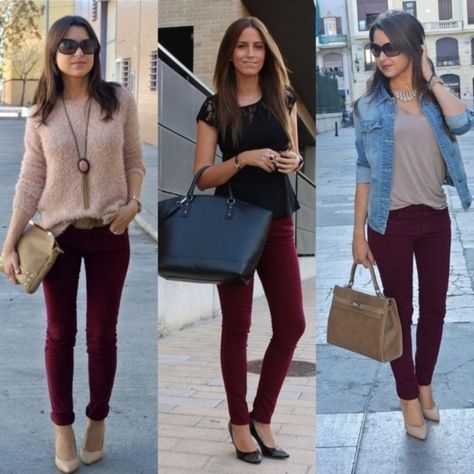 Size 4 Skinny Jeans Maroon Color. Nwot. Maroon Business Outfit, Gray Jean Outfits Women, Maroon Jeans Outfit Women, Wine Colored Outfits For Women, Smart Casual Workwear Women, Burgundy Pants Outfit Fall, How To Style Maroon Pants, Maroon Cargo Pants Outfit, Maroon Trousers Outfits Women