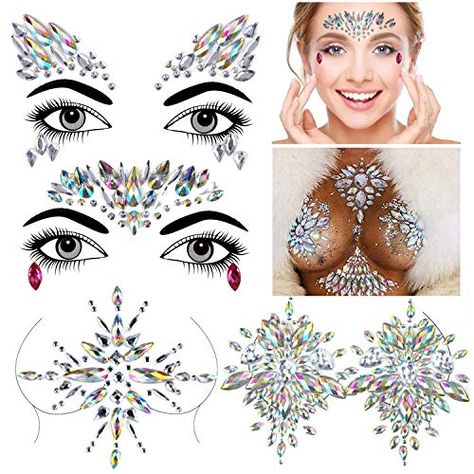 Konsait Gesicht Edelsteine 4 Set Temporäre Tattoos Festival Glitter Glitzersteine Gesicht Strass Aufkleber Gesicht Juwelen Kristalle Strasssteine Gesicht Aufkleber Augenbraue Gesicht Körperschmuck Festival Face Jewels, Face Rhinestones, Party Make-up, Festival Face, Festival Glitter, Rhinestone Sticker, Glitter Face, Face Jewels, Face Tattoos