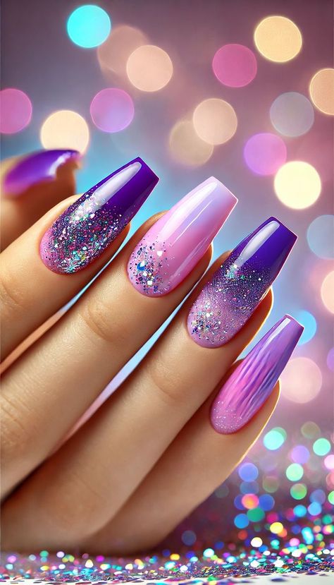 This captivating ombre nail design combines vibrant purples, soft pinks, and shimmering glitter for a bold, eye-catching manicure that radiates glamour and excitement. #GlamNailDesign #PurplePinkOmbre #GlitterManicure #OmbreNailArt #SparkleAndShine #BoldNails #FunAndVibrantNails #NailArtMagic #NailInspirationDaily #GlamNails #NailStyling #VibrantNails Purple And Pink Valentine Nails, Ombre Nails Purple Lavender, Unicorn Chrome Nails Designs, Pink And Purple Ombre Nails, Pink Glitter Ombre, Ombre Nail Design, Ombre Nail Art, Glitter Manicure, Chrome Nails Designs