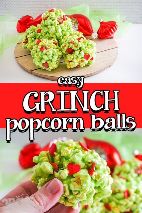 This Grinch Popcorn Balls Recipe is a fast and easy Grinch-themed recipe to make for any holiday party or Christmas movie night. It’s packed full of flavor but only takes a handful of ingredients that you likely have at home. #popcornballs #grinchmas #3boysandadog Christmas Popcorn Balls, Grinch Popcorn Recipe, Chex Muddy Buddies Recipe, Christmas Popcorn Recipes, Grinch Popcorn, Popcorn Balls Recipe, Popcorn Recipes Easy, Christmas Popcorn, Puppy Chow Recipes