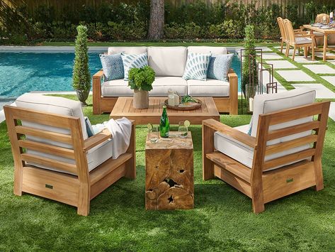 Teak's natural oils act as a built-in defense mechanism against decay and insects. Both durable and eye-catching, teak is a great material for those seeking quality and longevity in their outdoor furniture. Shop our selection of teak outdoor seating today! #fortunoffbys #teak #outdoorliving #outdoorfurniture #patio #garden Coffee Table With Chairs, Outdoor Seating Set, Teak Sofa, Gas Fire Pit Table, Backyard Furniture, Oil Stain, Lattice Design, Teak Frame, Teak Outdoor