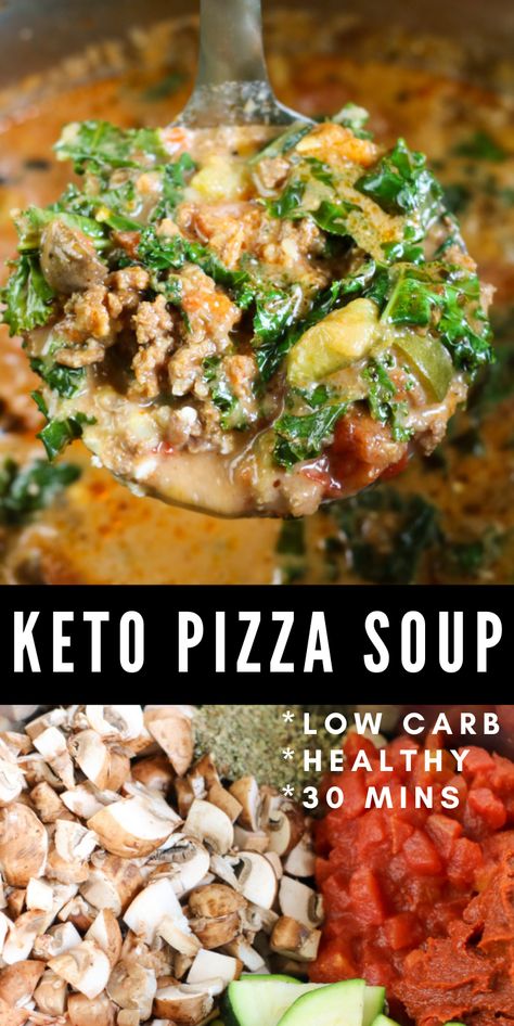 Sausage Keto Soup, Keto Pizza Soup Recipe, Low Carb Pizza Soup, Keto Pizza Soup, Keto Sausage Soup, Instant Pot Low Carb, Pizza Soup Recipe, Mushroom Sausage, Ww Dinner