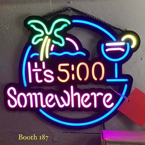 Red Skelton coined “It's five o'clock somewhere” in 1959. A common assumption is that this unspoken rule was inspired by the 9-to-5 work schedule, marking the end of the traditional workday and the beginning of 'happy hour'. It’s 5 O'clock Somewhere Neon Sign, $48.00, Booth 187. 😀 It’s 5 Oclock Somewhere Sign, It’s Five O’clock Somewhere, Its 5 O Clock Somewhere Sign, Red Skelton, 5 O Clock Somewhere, Brass Items, 5 O Clock, Work Schedule, Pong Table